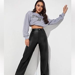 High waisted straight leg leather look jean